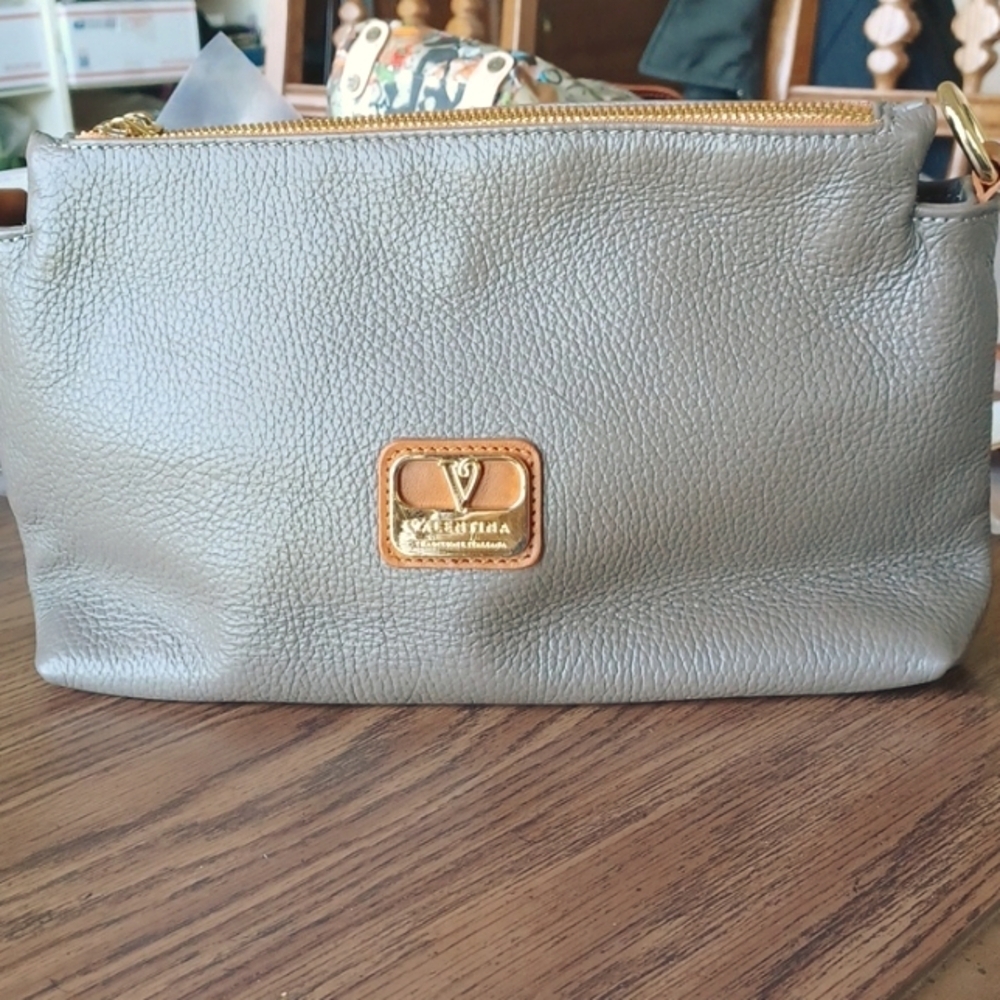 Valentina Genuine Pebbled Leather Bag- grey & brown 11x7x3, no strap